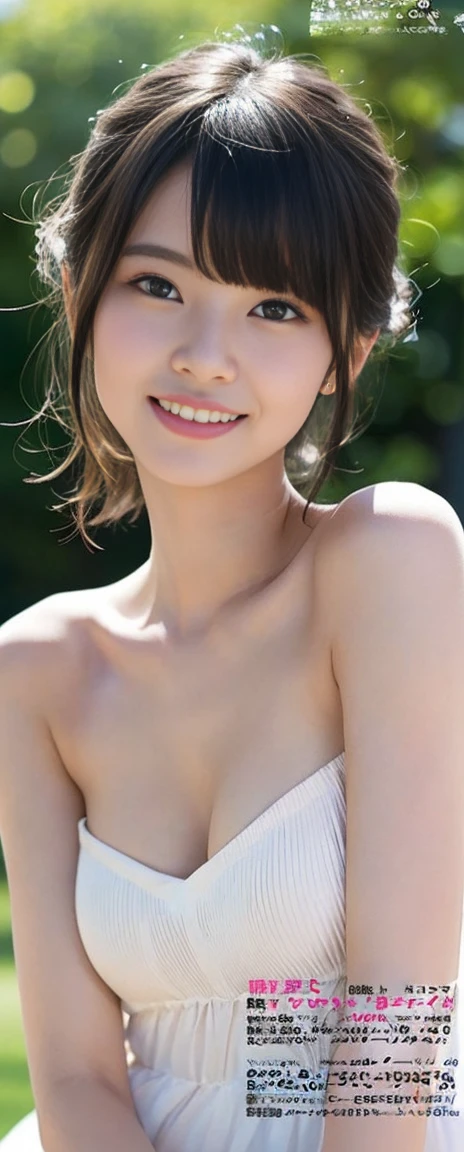 (Highest quality, masterpiece:1.2), Highest quality, Realistic, photograph, High resolution, 1080P, 8K, Physical Rendering, ((height: 155cm)), ((((((A beautiful fashion model featured in a Japanese fashion magazine、Look directly at the viewer)))))), (((big, Very fine, Beautiful dark brown eyes))), ((((Everyone loves me、They are Laughter at me.!)))), Detailed fingers, (((Curled bangs))), ((((Very noble and cute eyes, Every detail is carefully drawn)))), ((double eyelid)), (((Long eyelashes))), ((cute、Adorable、Adorable、Laughter、Laughter頬)), (.Her eyes and the white skin of her face are beautifully white......)), (((((Her face is very expressive、With a noble smile。, so sweet, very smart))))), ((((Completely naked, She has beautifully slim collarbones and medium-sized breasts...)))), ((((Very beautiful layered haircut)))), ((She had beautiful breasts. It was deeply impressive..))), (((topless)))), ((As elegant as a noble princess)), ((Girls dancing in the classroom)), ((Face it head on, Her slim figure and elegant medium breasts are impressive....))