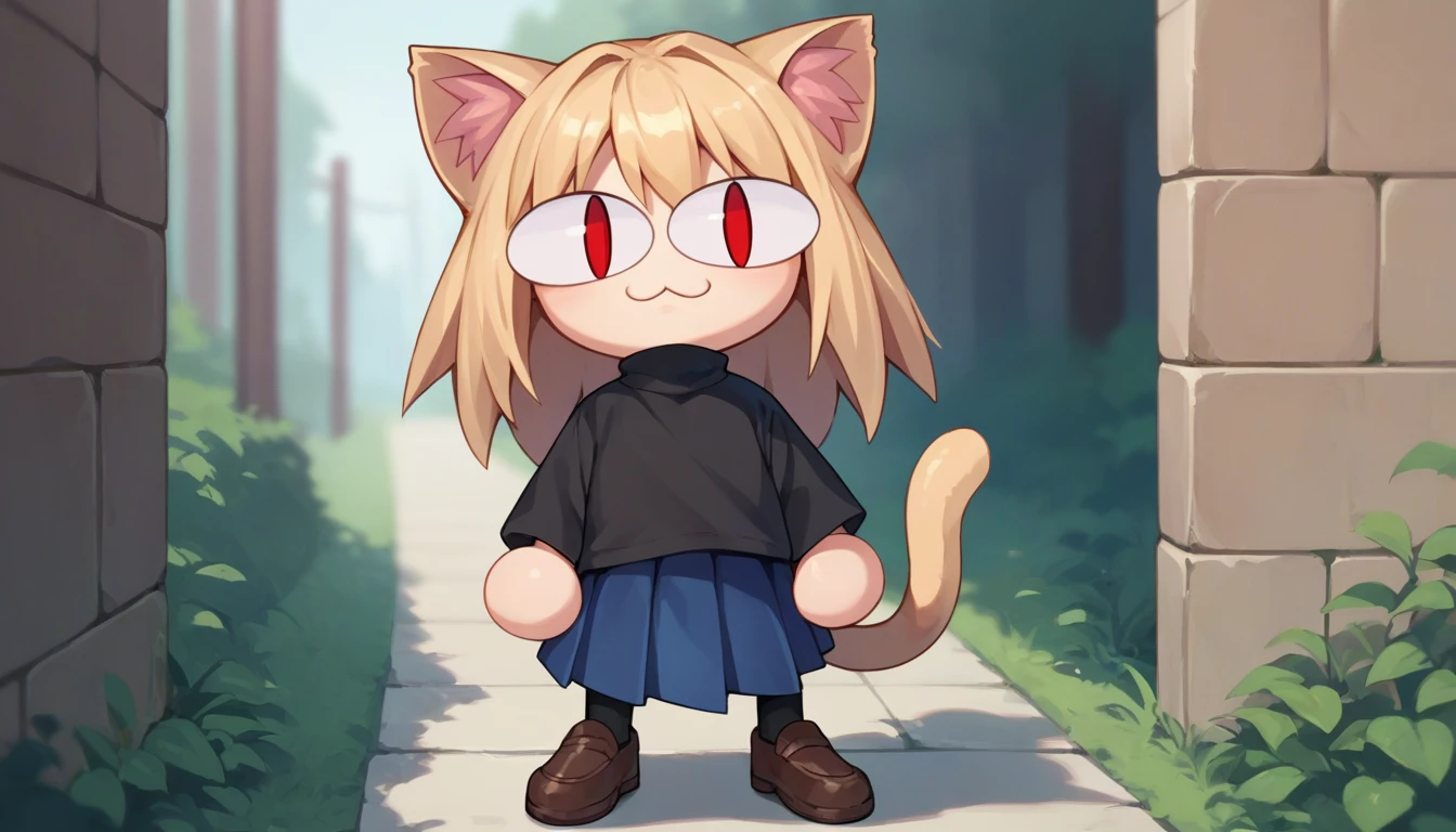 score_9, score_8_up, score_7_up, score_6_up, score_5_up, score_4_up, BREAK, 1boy, solo, necoarc, lit pupils, cat ears, blonde hair, red eyes, :3, turtleneck, blue skirt, pleated skirt, pantyhose, brown footwear, highlight thighs, outdoor, (solo portrait), (front view)