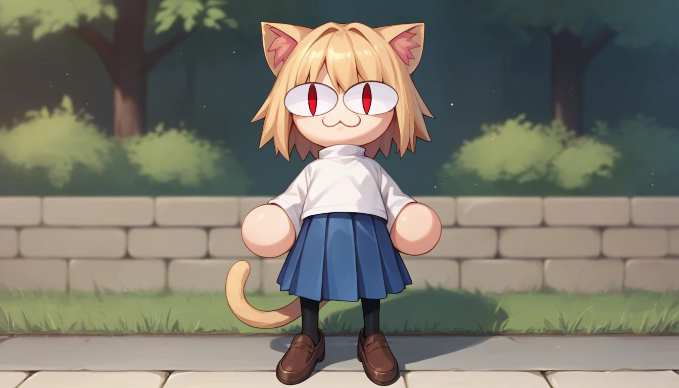 score_9, score_8_up, score_7_up, score_6_up, score_5_up, score_4_up, BREAK, 1boy, solo, necoarc, lit pupils, cat ears, blonde hair, red eyes, :3, turtleneck, blue skirt, pleated skirt, pantyhose, brown footwear, highlight thighs, outdoor, (solo portrait), (front view)