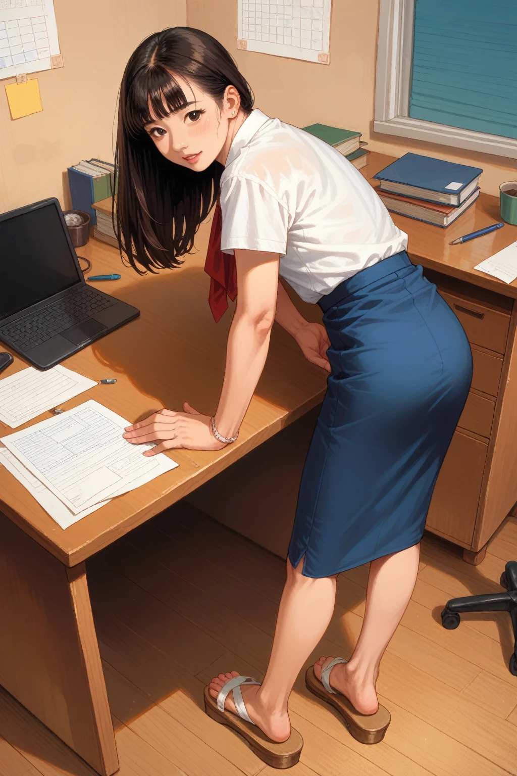 Asian woman bending over office desk, skirt hiked up, sandals