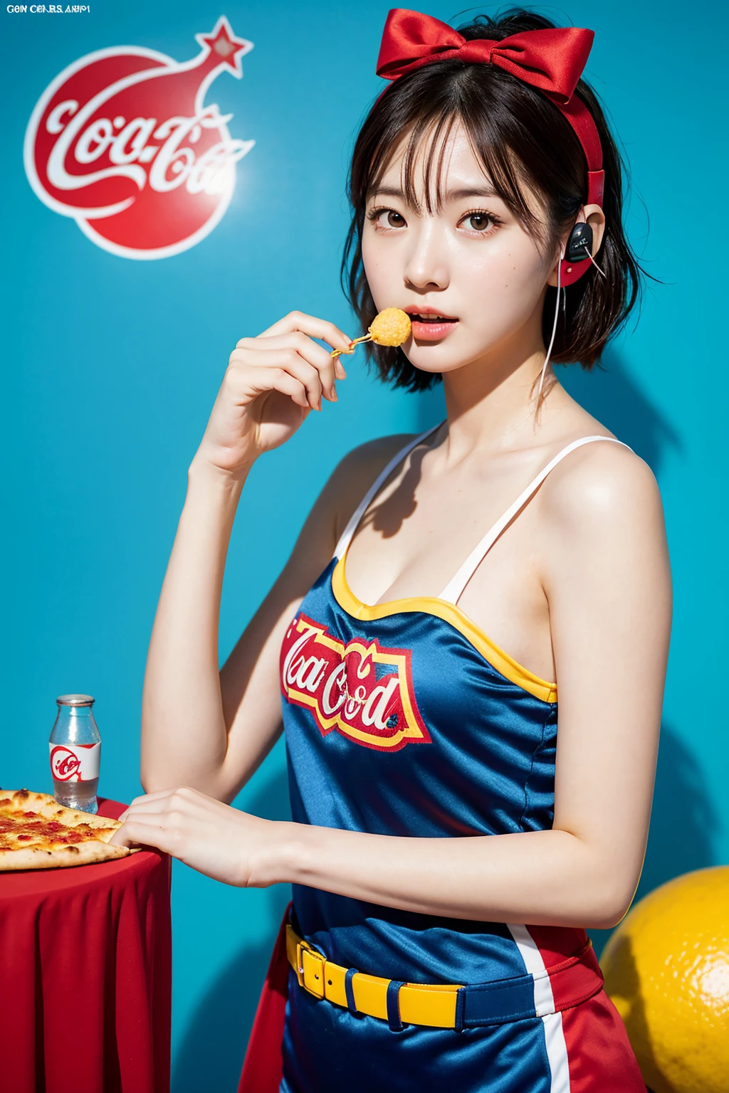 Realistic, 8K, masterpiece, RAW Photos, Highest quality, Realistic, 非常に詳細な CG Unity 8K 壁紙, Written boundary depth, Cinematic Light, Lens flare, Ray Tracing, Perfect lighting,((short hair)), (Delicate skin), (Delicate face), (Pop Background :1.1), Person standing and watching、Comical movement,1 female,Supergirl Costume、Headphones,(Blue background),Modern Style,Artistic,Moving configuration,Unique Pattern,Bold Texture,colorful,Imaginative,Whimsical,Vibrant,like々Shii,Playful,Vibrant,creative,Expressive,stylish,tendency,One Girl,Eating pizza、Coca-Cola Poster、Lemon on the background