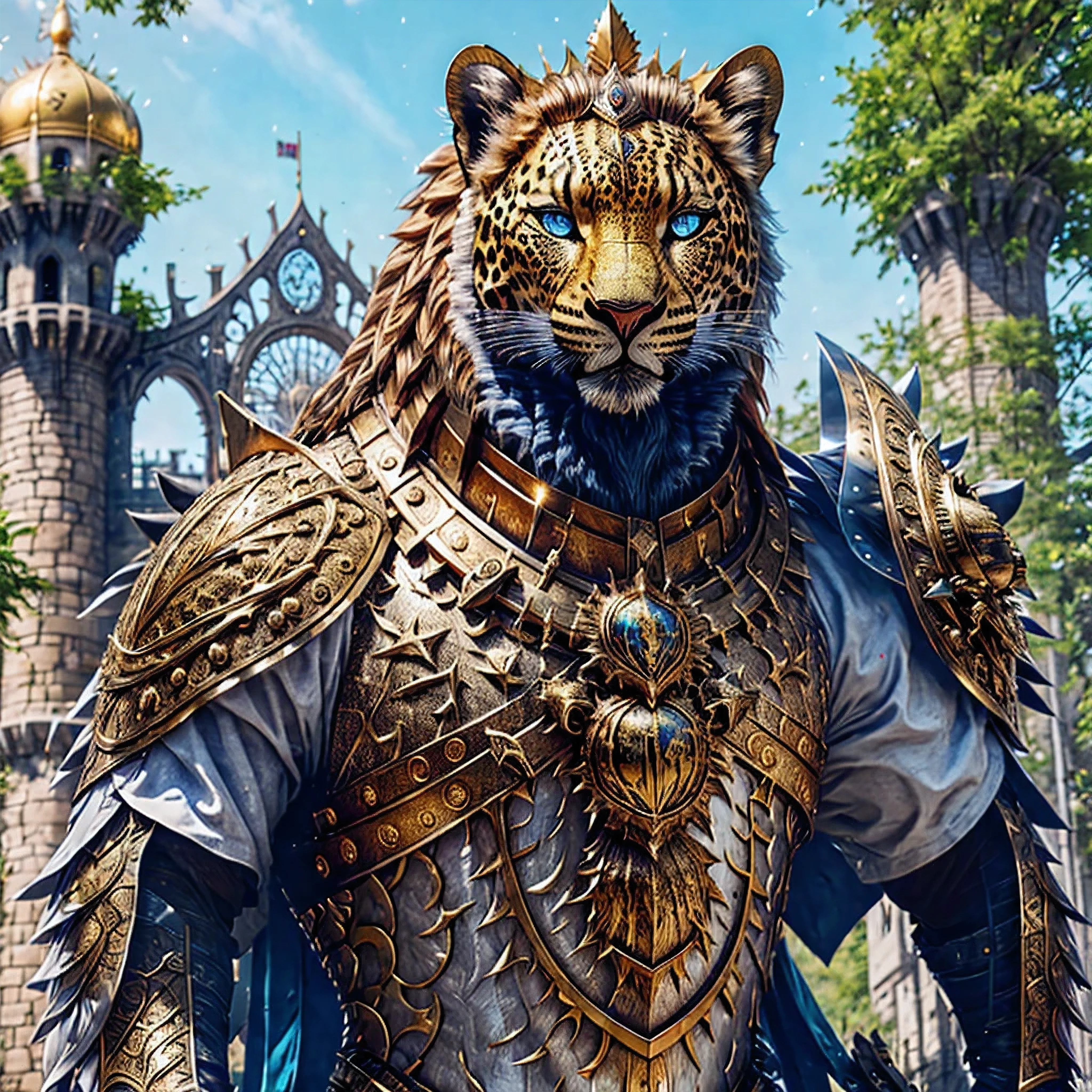 a life size leopard covered with intricate armour embeded in his skin to help defend in battle with a gold and silver shiny chain around his neck and a mask made of golden pieces molded into the armour with gold rivits placed about head, his eyes are blue, bright and piercing, the background is at the foot of a castle, garding its gates with his sword and shield, 8k glossy image