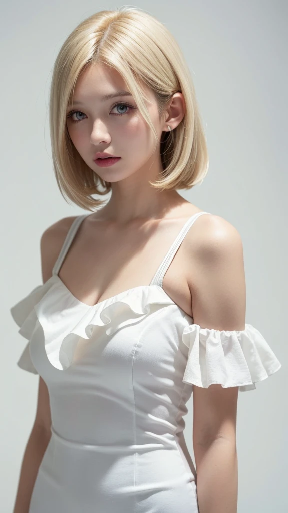 (((forehead、White Blonde Hair、Northern Europe、White people、beautiful girl、Blonde、White background、Frills、race、slit、Off the shoulder、See-through、hot pants、Shoulder straps)))、table top, highest quality, figure, super detailed, finely, High resolution, 8k wallpaper, Perfect dynamic composition, detailed and beautiful eyes, Deco out,bionde, medium hair, big breasts, Natural color lip,white background, random cute poses,frill dress
