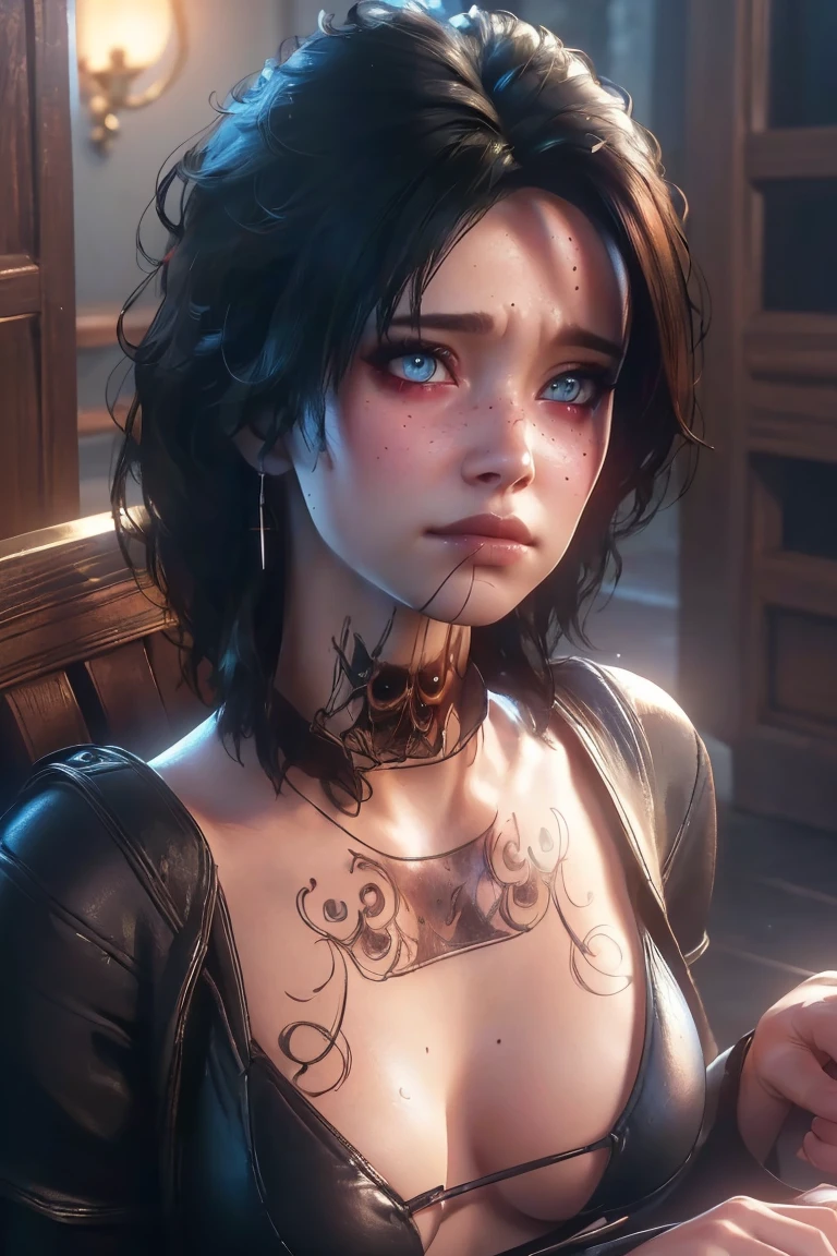 (best quality,4k,8k,highres,masterpiece:1.2),ultra-detailed,(realistic,photorealistic,photo-realistic:1.37),Evelyn,close-up,complete face detailed,blushing,baldur's gate 3,solo,beautiful detailed eyes,beautiful detailed lips,extremely detailed eyes, big breast. Wearing black bikini