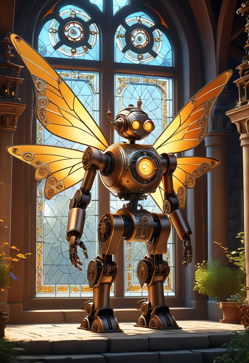A robotic clockwork fairy. All bronze, gears, crAFTSMAN STYLE. GLASS WINGS. masterpiece, best quality, highly detailed, solo, looking at viewer, smile, mechaical face, face sculpted bronze. Ultra HD, Rococo-Inspired Fantasy Art With Intricate Details. Cute, Charming Expression, Alluring-Gaze, looking at viewer Beautiful Eyes, An-Ideal-Figure. . slim waist, fit body, Warm lightssymmetrical face, photorealistic, photography, path tracing, specular lighting, volumetric face light, path traced hairmaximum quality{(masutepiece) (8K High Resolution) (top-quality) In the style of breath of the wild.medieval monastery garden,steampunk craftsman robot monk,beautiful ornate architecture,steampunk machinery and gears,exquisite stained glass windows,enchanted flower garden,ancient stone walkway with intricate carvings,glowing candles and dimly lit atmosphere,steam and smoke billowing from the machinery,mystical atmosphere,peaceful and serene setting,mechanical wings attached to the robot monk's back,robot monk with intricate clockwork mechanisms,electromechanical eyes glowing with energy,warm golden color palette,gentle sunlight streaming through the stained glass windows,whispering sound of wind and rustling leaves,the scent of aged books and incense,notes of ancient Gregorian chants echoing in the air,sense of awe and tranquility,combination of futuristic and medieval elements,harmony of technology and spirituality.