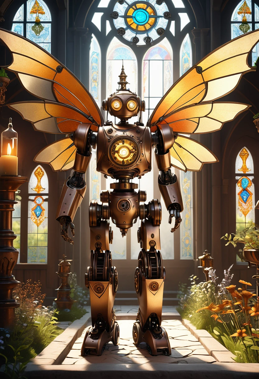 A robotic clockwork fairy. All bronze, gears, crAFTSMAN STYLE. GLASS WINGS. masterpiece, best quality, highly detailed, solo, looking at viewer, smile, mechaical face, face sculpted bronze. Ultra HD, Rococo-Inspired Fantasy Art With Intricate Details. Cute, Charming Expression, Alluring-Gaze, looking at viewer Beautiful Eyes, An-Ideal-Figure. . slim waist, fit body, Warm lightssymmetrical face, photorealistic, photography, path tracing, specular lighting, volumetric face light, path traced hairmaximum quality{(masutepiece) (8K High Resolution) (top-quality) In the style of breath of the wild.medieval monastery garden,steampunk craftsman robot monk,beautiful ornate architecture,steampunk machinery and gears,exquisite stained glass windows,enchanted flower garden,ancient stone walkway with intricate carvings,glowing candles and dimly lit atmosphere,steam and smoke billowing from the machinery,mystical atmosphere,peaceful and serene setting,mechanical wings attached to the robot monk's back,robot monk with intricate clockwork mechanisms,electromechanical eyes glowing with energy,warm golden color palette,gentle sunlight streaming through the stained glass windows,whispering sound of wind and rustling leaves,the scent of aged books and incense,notes of ancient Gregorian chants echoing in the air,sense of awe and tranquility,combination of futuristic and medieval elements,harmony of technology and spirituality.