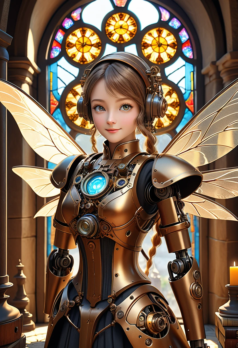 A robotic clockwork fairy. All bronze, gears, crAFTSMAN STYLE. GLASS WINGS. masterpiece, best quality, highly detailed, solo, looking at viewer, smile, mechaical face, face sculpted bronze. Ultra HD, Rococo-Inspired Fantasy Art With Intricate Details. Cute, Charming Expression, Alluring-Gaze, looking at viewer Beautiful Eyes, An-Ideal-Figure. . slim waist, fit body, Warm lightssymmetrical face, photorealistic, photography, path tracing, specular lighting, volumetric face light, path traced hairmaximum quality{(masutepiece) (8K High Resolution) (top-quality) In the style of breath of the wild.medieval monastery garden,steampunk craftsman robot monk,beautiful ornate architecture,steampunk machinery and gears,exquisite stained glass windows,enchanted flower garden,ancient stone walkway with intricate carvings,glowing candles and dimly lit atmosphere,steam and smoke billowing from the machinery,mystical atmosphere,peaceful and serene setting,mechanical wings attached to the robot monk's back,robot monk with intricate clockwork mechanisms,electromechanical eyes glowing with energy,warm golden color palette,gentle sunlight streaming through the stained glass windows,whispering sound of wind and rustling leaves,the scent of aged books and incense,notes of ancient Gregorian chants echoing in the air,sense of awe and tranquility,combination of futuristic and medieval elements,harmony of technology and spirituality.