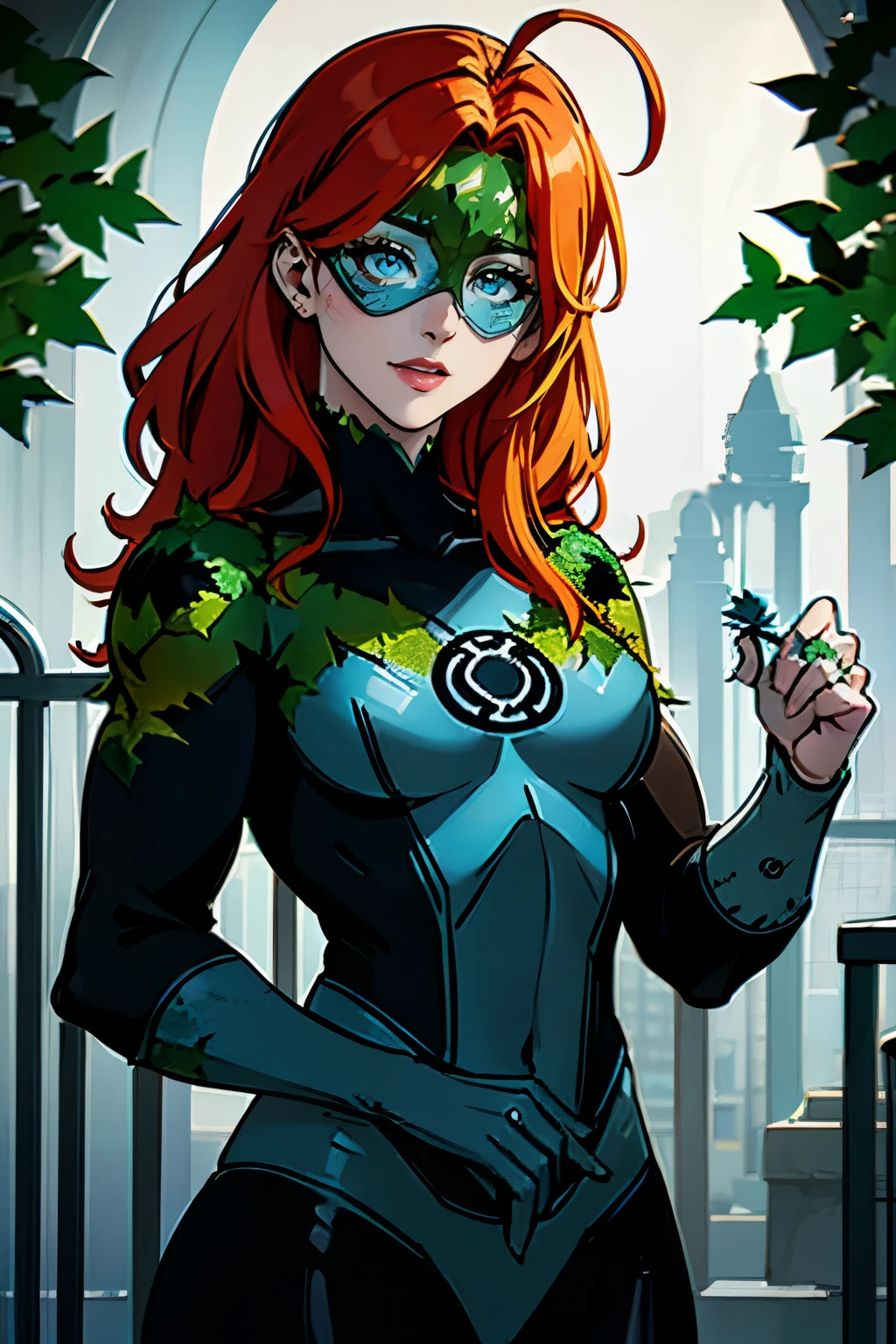 Poison Ivy DC,  hair between eyes, ahoge, blonde hair, star \(symbol\), blue lantern costume, blue lantern ring, blue lantern eye mask, a warm smile, realism, masterpiece, textured skin, super detail, high detail, high quality, best quality, 1080p, 16k, red hair