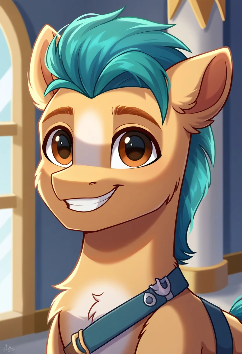 rating_safe, score_9, hitch trailblazer, pony, castle indoors, smiling, happy, fluffy, solo, male, (strap outfit:1.2), portrait