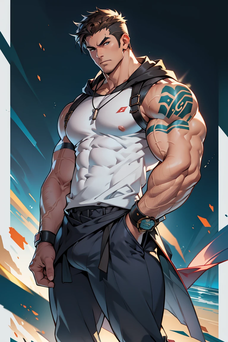 向观众炫耀Thick arms，Dissemination，Eyes look at the audience，Thick arms，Highest image quality，Men，Showing shoulders and arms，1 boy，young and beautiful，exhibit，Brown hair，Short straight hair，Dark Skin，cartoon，cartoon壁纸，Solitary，Male focus，Chest muscle expansion, best quality，The feeling of youth，Upper Body，(exhibit他muscular)，（Abstract Background),(Hands in pockets)，sideways，Sharp eyes，(Bottom-up view)，shoulder width，Muscles protrude a lot，Highest image quality，Look at it from a low angle ，The protagonist is wearing a hooded jacket，cartoon壁纸，Chest muscle expansion, best quality)，((Exaggerated muscle bulge))，The protagonist is tall，muscular and bulky, muscular characters, Great and cool, tall and muscular, muscular!!, Very strong, muscular， men, Huge muscles, Big Muscle, Muscle Man, cartoon帅气的男人, muscular!, Huge muscles, muscular bodies，(Photo from bottom to top) (Highest quality images) ，Close-up photos ,real, young, Crotch protrusion, cartoon人物, Male face, bonito rosto young, Huge pectoral muscles, 大腿muscular, Biceps tendon, Huge body, High-intensity training makes your body more fit, muscular, 8 Pack Abs,  Radiant Skin,（Hands in pockets），Thick Legs，Half-length photo，The character is a burly man，Surrealistic pattern，Dynamic Action，Exaggerated deformation，The overall picture highlights his well-developed shoulders and pectoralis major muscles，Light from above， Muscular，Upper Body，Clothes show shoulders，Tattoo，Clean face，（Hands in pockets），Lift his head，Keep your eyes open（Hands in pockets），（Hands in pockets），（Hands in pockets），（Hands in pockets），（Hands in pockets），（Hands in pockets），（Hands in pockets），（Hands in pockets），
