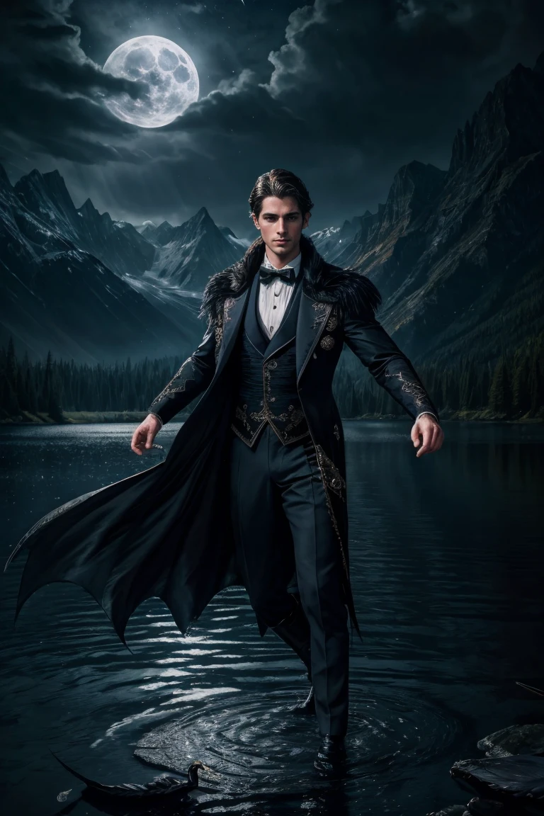 a handsome prince, 1boy, dark hair, piercing eyes, beautiful detailed face, elegant attire, regal pose, graceful movements, dark swan, feathers, lake, moonlight, dramatic lighting, cinematic, oil painting, highly detailed, photorealistic, 8k, intricate details, dramatic colors, moody atmosphere, fantasy, magical realism