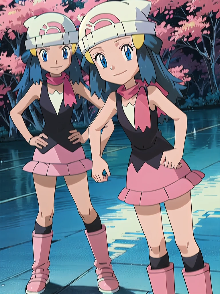 masterpiece, best quality, 1girl, dawn \(pokemon\), beanie, long hair, blue hair, blue eyes, black sleeveless shirt, pink scarf, pink skirt, pink boots, hands on hips, smile, looking at viewer, forest background