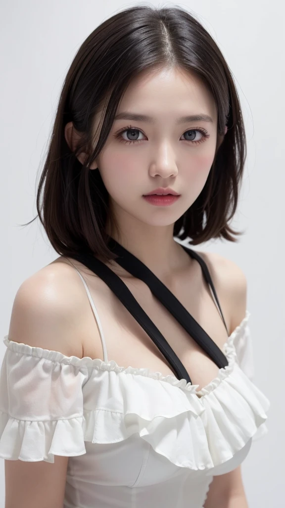 (((forehead、Northern Europe、White people、beautiful girl、Black Hair、White background、sexy、Big Breasts、Frills、Off-the-shoulder strap dress)))、table top, highest quality, figure, super detailed, finely, High resolution, 8k wallpaper, Perfect dynamic composition, detailed and beautiful eyes, Deco out,bionde, breasts, Natural color lip,white background, random cute poses,