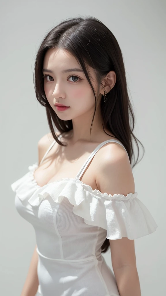 (((forehead、Northern Europe、White people、beautiful girl、Black Hair、White background、sexy、Big Breasts、Frills、Off-the-shoulder strap dress)))、table top, highest quality, figure, super detailed, finely, High resolution, 8k wallpaper, Perfect dynamic composition, detailed and beautiful eyes, Deco out,bionde, breasts, Natural color lip,white background, random cute poses,