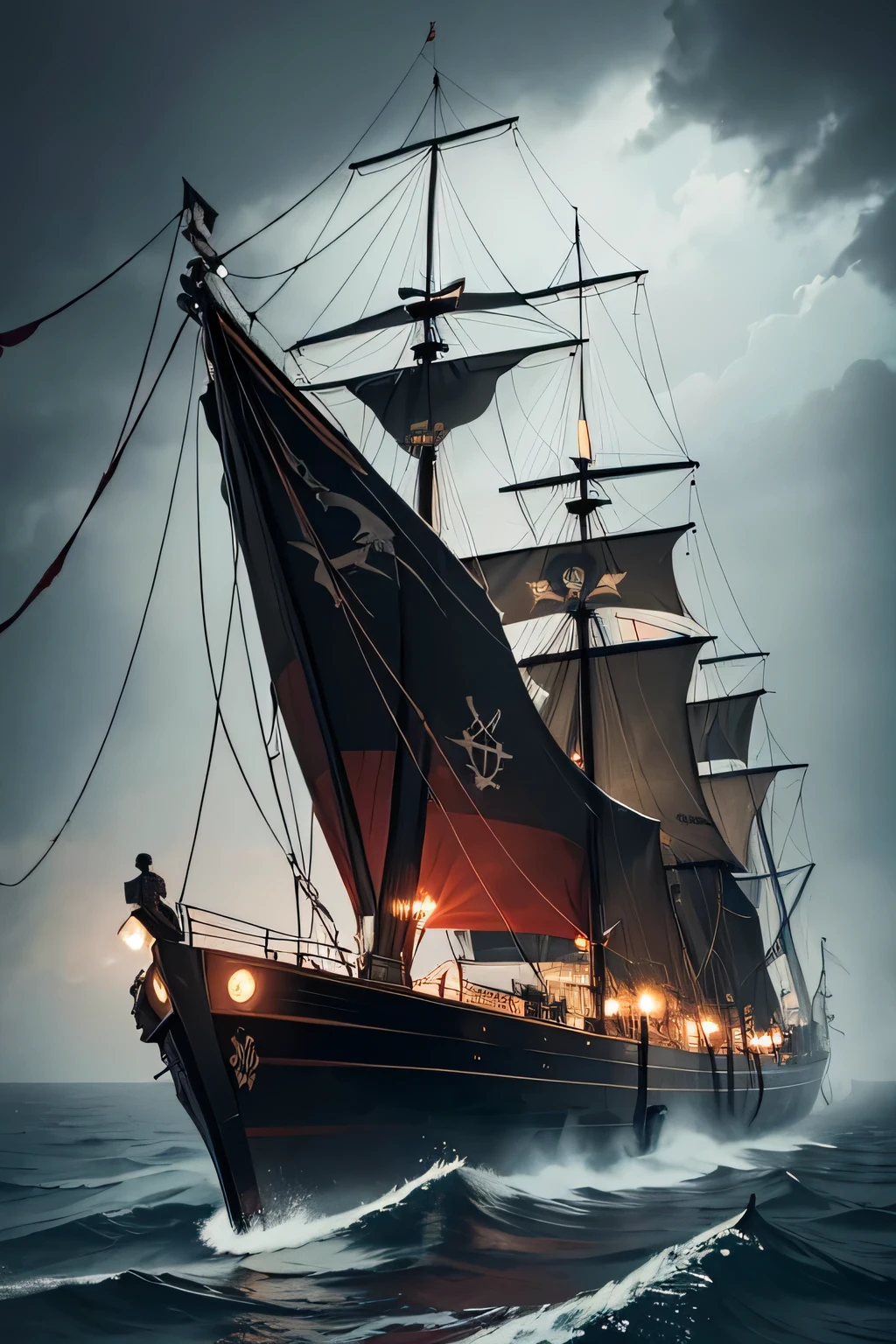 "Create an image of the 'Black Rebellion', a sleek, menacing pirate galley ship. The ship is painted entirely black, with a dark and sinister appearance. It has a single row of long, sturdy oars on each side, manned by determined rowers. The ship's figurehead is a fearsome sea serpent, and the sails are tattered, bearing a red and black pirate flag with a serpent symbol. The deck is filled with rugged, battle-ready pirates armed with swords and crossbows. The ship has an array of weapons, including ballistae and net launchers. The overall scene should evoke a sense of danger, speed, and rebellion."(((At night))), (((in the fog)))