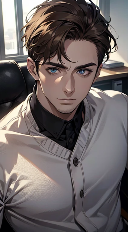 (best quality,4k,8k,highres,masterpiece:1.2),ultra-detailed,(realistic,photorealistic,photo-realistic:1.37),1 man,31 years old,mature man,very handsome,without expression,smile,short grey brown hair,blue eyes,penetrating gaze,perfect face without errors,imposing posture,businessman,office background,cinematic lighting,hdr image