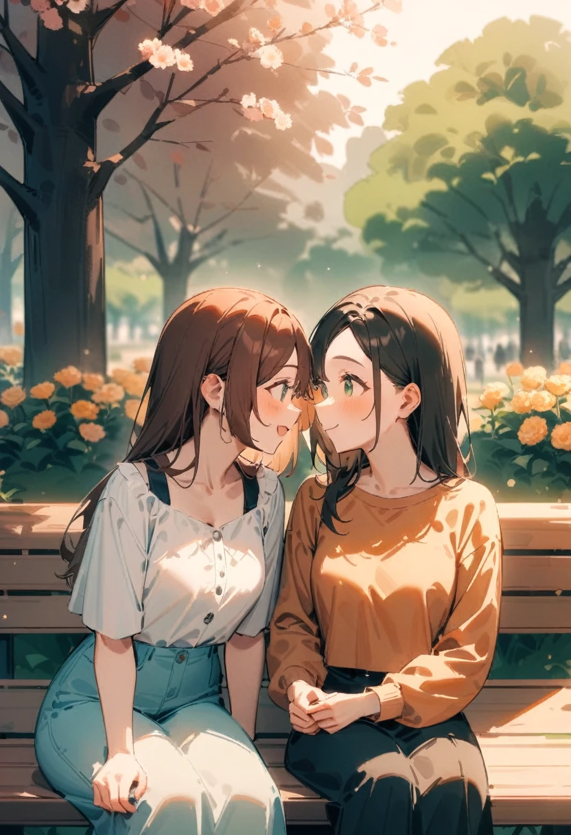 masterpiece, best quality, very aesthetic, absurdres, newest, 2girls, asymmetrical bangs, tareme, young adult, brown hair, long hair, green eyes, looking each other, smiling, casual clothes, park, sitting on a bench, talking to other, warm colors, trees, flowers, warm and comforting mood, three-quarter view