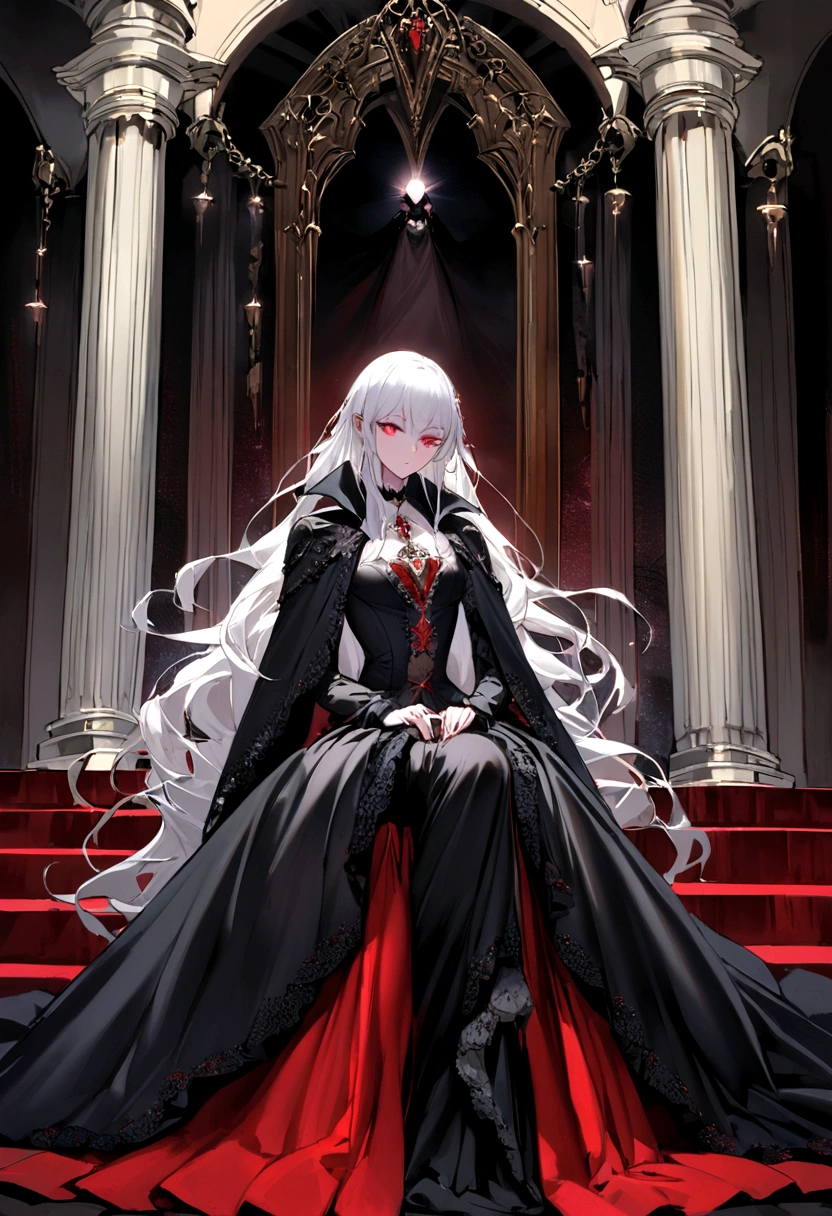 Description of Dracula, the Primordial Vampire, sitting on her throne:She is sitting on her throne in the main hall of the palace, emanating a presence that inspires both awe and fascination. Her snow-white hair falls in silky waves over her shoulders., contrasting strikingly with her pale, unblemished skin. Your eyes are intense red like rubies, shining with an aura of power and mystery.Dracula wears a long, flowing black velvet dress, adorned with silver and precious stone accents that capture the light from the torches and chandeliers around you. Every fold of the fabric appears sculpted to highlight its beauty and otherworldly authority..Around her, the palace hall is a testament to Gothic grandeur, with massive black marble columns and tapestries depicting scenes of epic battles and bloody victories. Light from candles and torches casts dancing shadows on walls adorned with family crests and vampiric motifs.She sits on the throne with majestic elegance, his imposing posture reflecting an unquestionable dominance over his kingdom. Every move is calculated and powerful, as she watches her domain with a penetrating, calculating gaze, aware of her position as the first vampire and the supreme guardian of her immortal descendants.