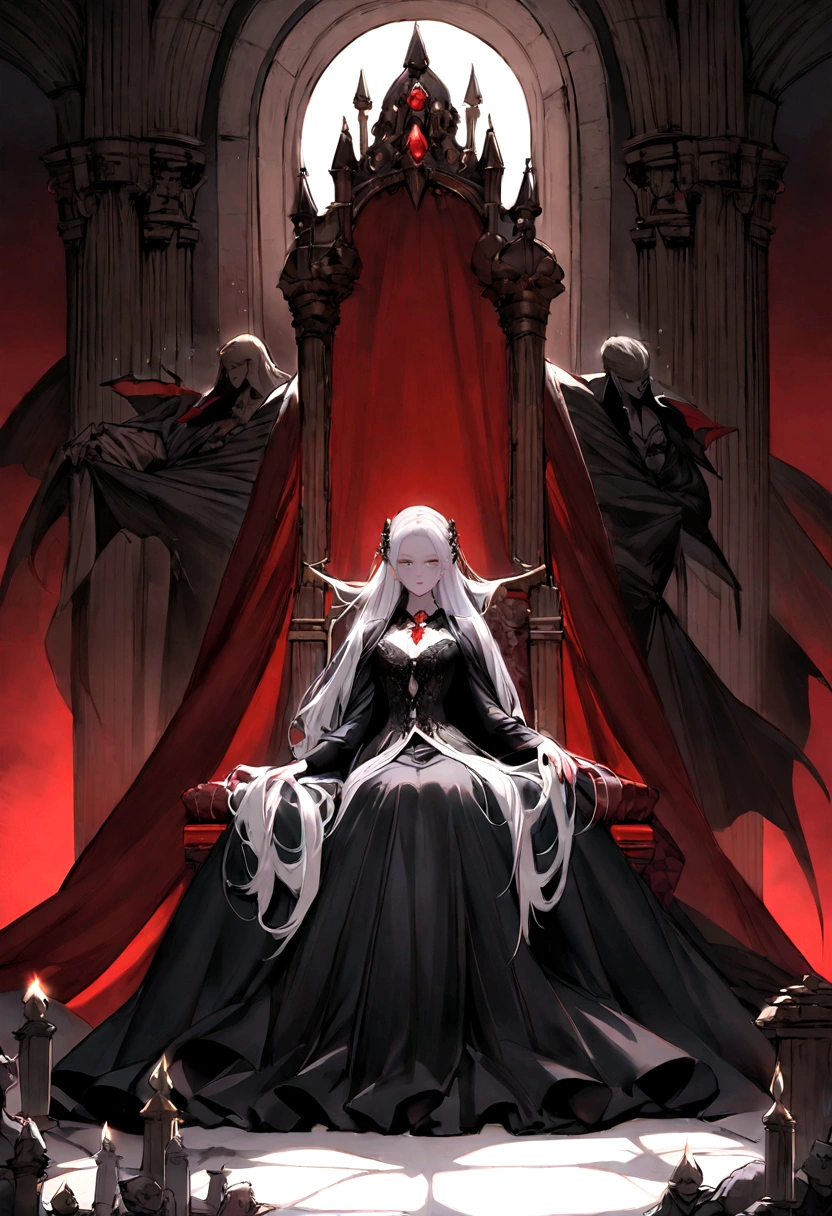 Description of Dracula, the Primordial Vampire, sitting on her throne:She is sitting on her throne in the main hall of the palace, emanating a presence that inspires both awe and fascination. Her snow-white hair falls in silky waves over her shoulders., contrasting strikingly with her pale, unblemished skin. Your eyes are intense red like rubies, shining with an aura of power and mystery.Dracula wears a long, flowing black velvet dress, adorned with silver and precious stone accents that capture the light from the torches and chandeliers around you. Every fold of the fabric appears sculpted to highlight its beauty and otherworldly authority..Around her, the palace hall is a testament to Gothic grandeur, with massive black marble columns and tapestries depicting scenes of epic battles and bloody victories. Light from candles and torches casts dancing shadows on walls adorned with family crests and vampiric motifs.She sits on the throne with majestic elegance, his imposing posture reflecting an unquestionable dominance over his kingdom. Every move is calculated and powerful, as she watches her domain with a penetrating, calculating gaze, aware of her position as the first vampire and the supreme guardian of her immortal descendants.