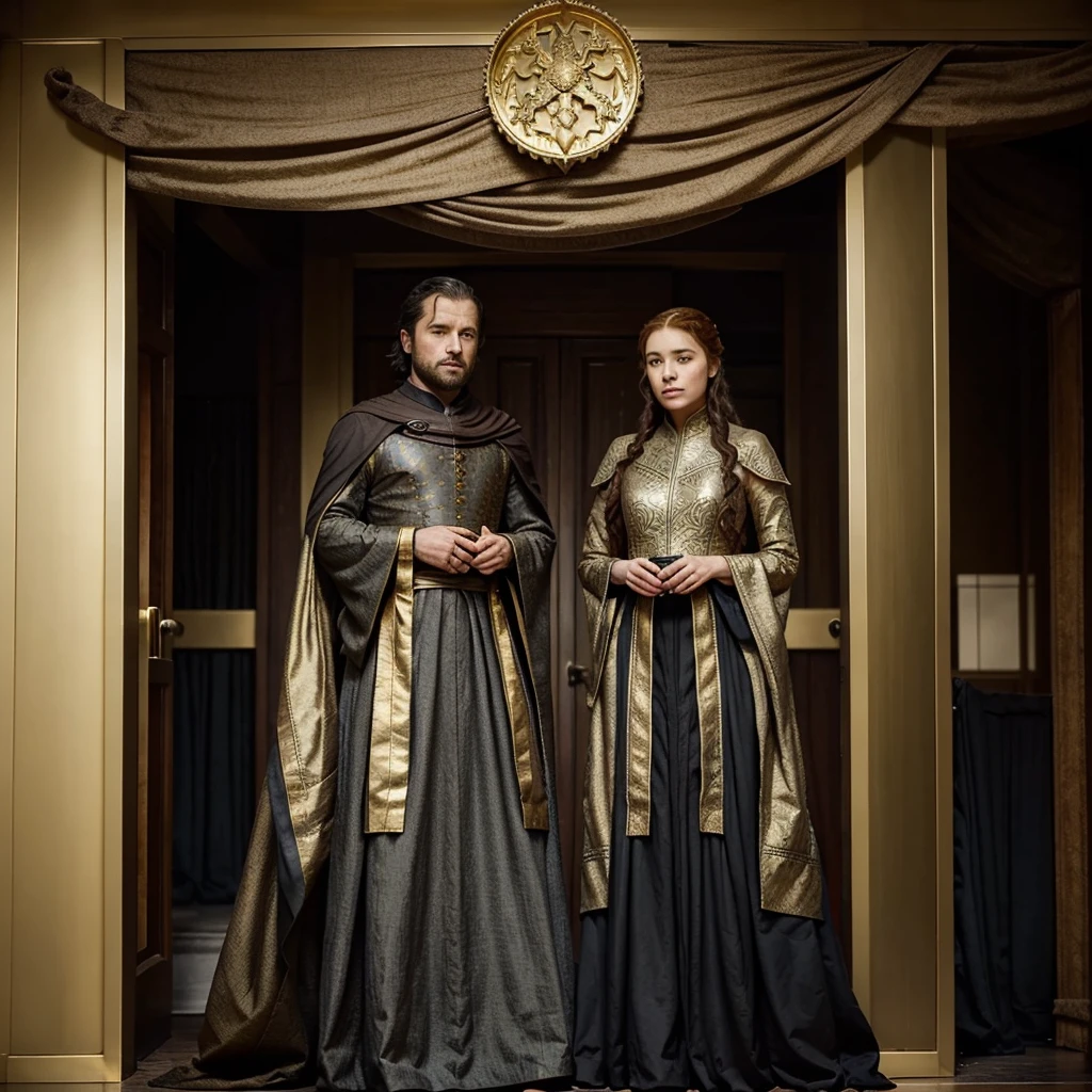 Generate a suit for a man, based on game of thrones, The representative color of the house is gold, so the decorations must be of this tone plus the base can be black..