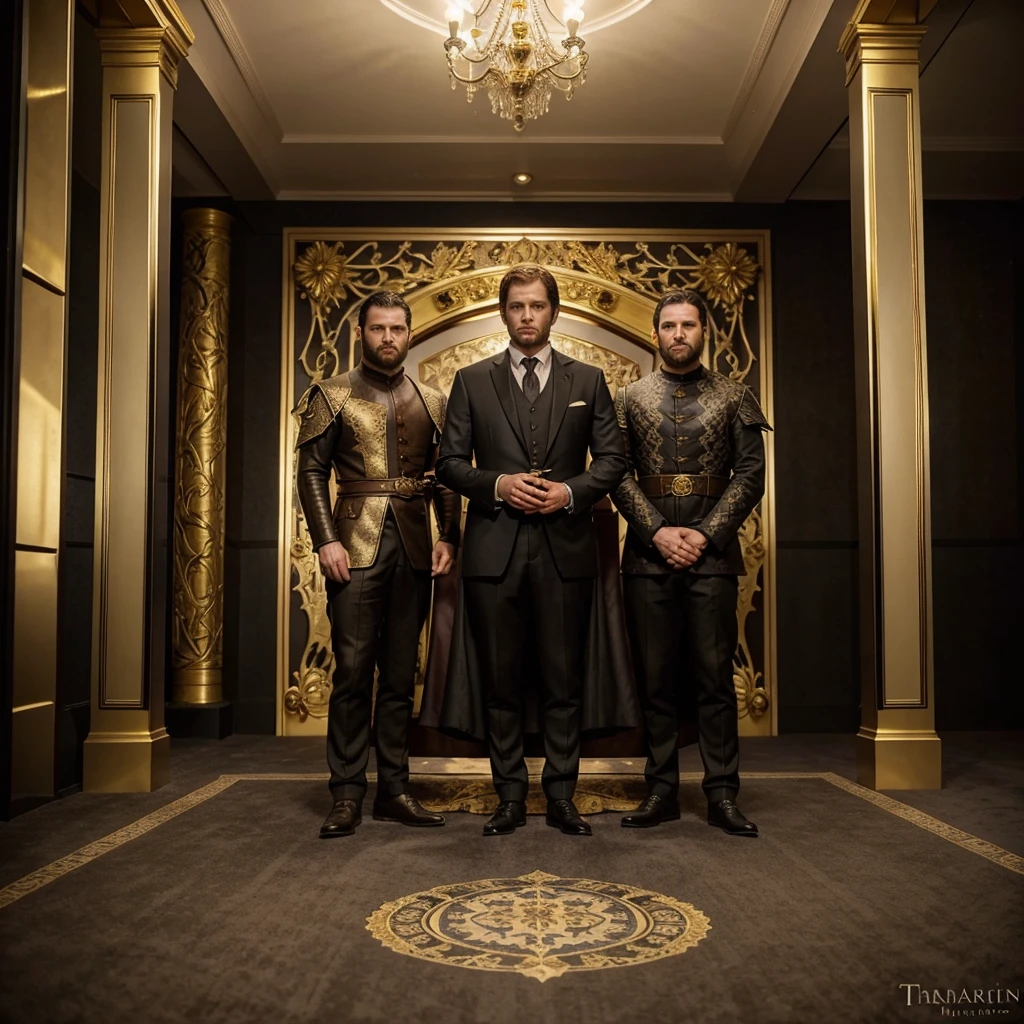 Generate a suit for a man, based on game of thrones, The representative color of the house is gold, so the decorations must be of this tone plus the base can be black..