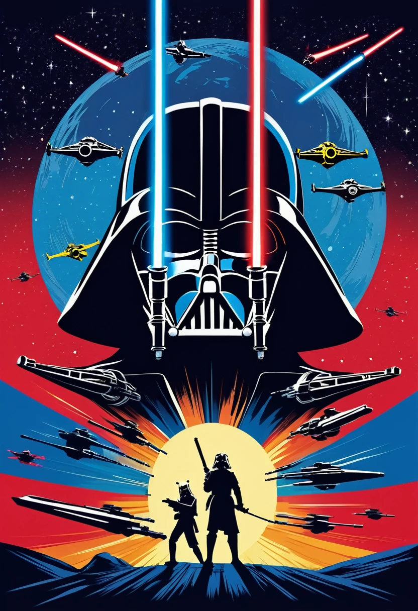 Revolutionary poster
Slogan: "Restore the Force: Take Back Star Wars!"
Central Jedi figure, lightsaber raised
Star Wars elements: spaceships, planets, Rebel Alliance emblem
Bold colors: deep blues, blacks, vibrant reds
Slogan in bold, striking font, red and yellow pale colors, flat design, flat illustration, vector, Silhouettes of fans or characters, unity and strength, Vintage revolutionary poster style with Star Wars aesthetics with x-wings in the backround fighting against cosmic retro background.