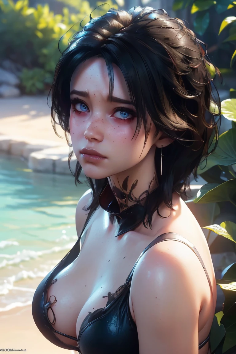 (best quality,4k,8k,highres,masterpiece:1.2),ultra-detailed,(realistic,photorealistic,photo-realistic:1.37),Evelyn,close-up,complete face detailed,blushing,baldur's gate 3,solo,beautiful detailed eyes,beautiful detailed lips,extremely detailed eyes, big breast. Wearing black bikini