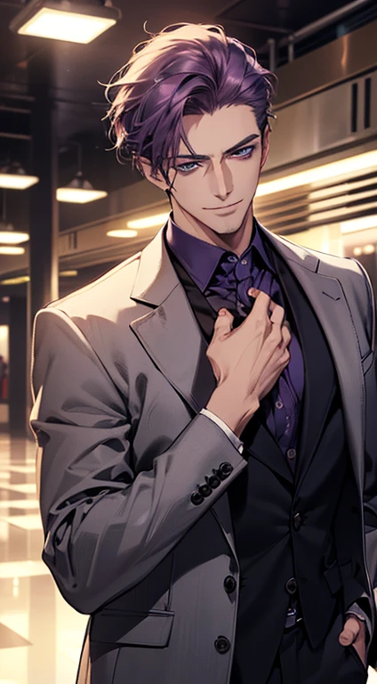 (best quality, masterpiece, 8K, photorealistic, cinematic lighting, 1:4 hdr image, ultra detailed, beautiful image), a mature man, 35 years very handsome, ((cold expression smile in love)), short purple hair, blue eyes, face perfect without mistakes, ((buttoning his jacket, CEO)), smile.
