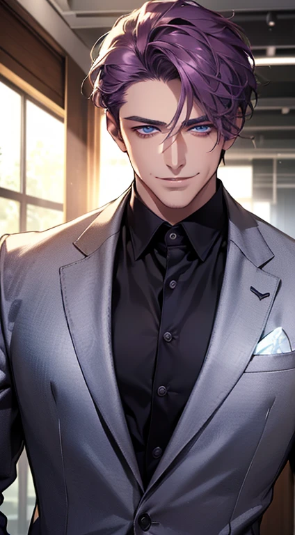 (best quality, masterpiece, 8K, photorealistic, cinematic lighting, 1:4 hdr image, ultra detailed, beautiful image), a mature man, 35 years very handsome, ((cold expression smile in love)), short  purple hair, blue eyes, face perfect without mistakes, ((buttoning his jacket, CEO)), smile.