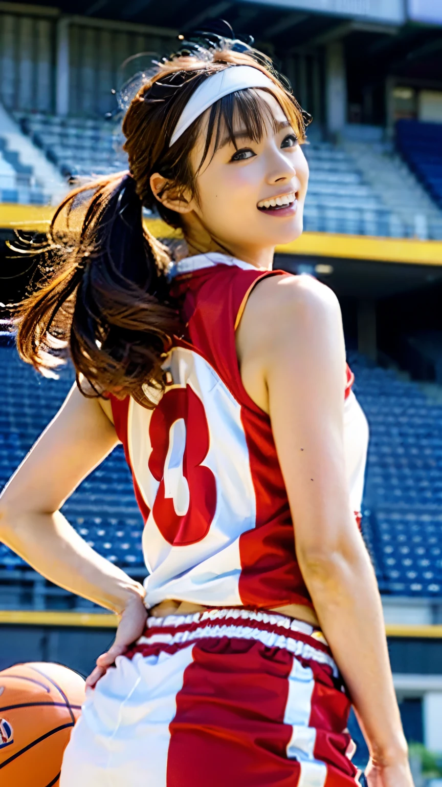 (((With perfect anatomy, we carefully draw perfect limbs with no excess or deficiency, taking into account the direction in which the joints bend.))),The grandstands were filled with spectators,(((A beautiful basketball player with outstanding style is running seriously with wrinkled eyebrows on the field of a Large gymnasium with spectators))),(((The uniform is a sleeveless basketball uniform with a collar and running pants with a large number on the back.々Shii,Put on basketball shoes))),(((Capture the powerful moment of sprinting with a basketball in a full-body snapshot))),Speed,body幹の強い低い姿勢,Speed,Capture the essence of the movement and the moment of the play,((A beautiful basketball player wearing a red uniform with white horizontal stripes and a thick headband looks ahead)), Fight off the enemies who try to stop her,((眉間にしわを寄せながらバスケットボールボールを持ってバスケットゴールに向かって走る動きの本質を捉えた側面からの4K動body撮影)),Rushing forward like a rabbit,All in one,(Skin Dentition:1.5),Realistic and realistic,(masterpiece:1.5),Sports concept art,Intricate details,Highly detailed and realistic,Octane Rendering,4K,Sports Real Engine,Dynamic pose, Highest quality,High resolution,(Realistic Face:1.1),(Surreal:1.1), ((full_body)),((Expressing the dynamism that emanates from the whole body)),(((He has a slim, muscular body with well-trained legs and a slim waist, making him look like a coke bottle.))),(4K full-body shot from the side),(Shiny skin:1.2),(((Hairstyle))),(((Perfect hands))),(Highly detailed background),((Well-maintained Tokyo Metropolitan Government々Background of stadium full of spectators on center court of wooden arena)),A crucible of cheers and excitement,((Beauty condensed in 1girl)),((光を蓄えた美Shii瞳)),(Shiho wearing a necklace),(((滴る大量の汗が眩Shii))),(Ponytail flutters in the wind),casting ,((Dramatic beauty)),披写界深度の深い美Shiiボケ,4K,Gothic,4K Digital SLR Camera,Film grain effect,Fujifilm XT3 style,(Saiharu Body),(Delicate eyes and face),Professional Perspective,素晴らShiiディテール,1girl condenses exceptional beauty,繊細でHigh noseを持つ美Shii顔,High nose, Clear chestnut eyes that glorify the light, Glossy red lips, light makeup,))),