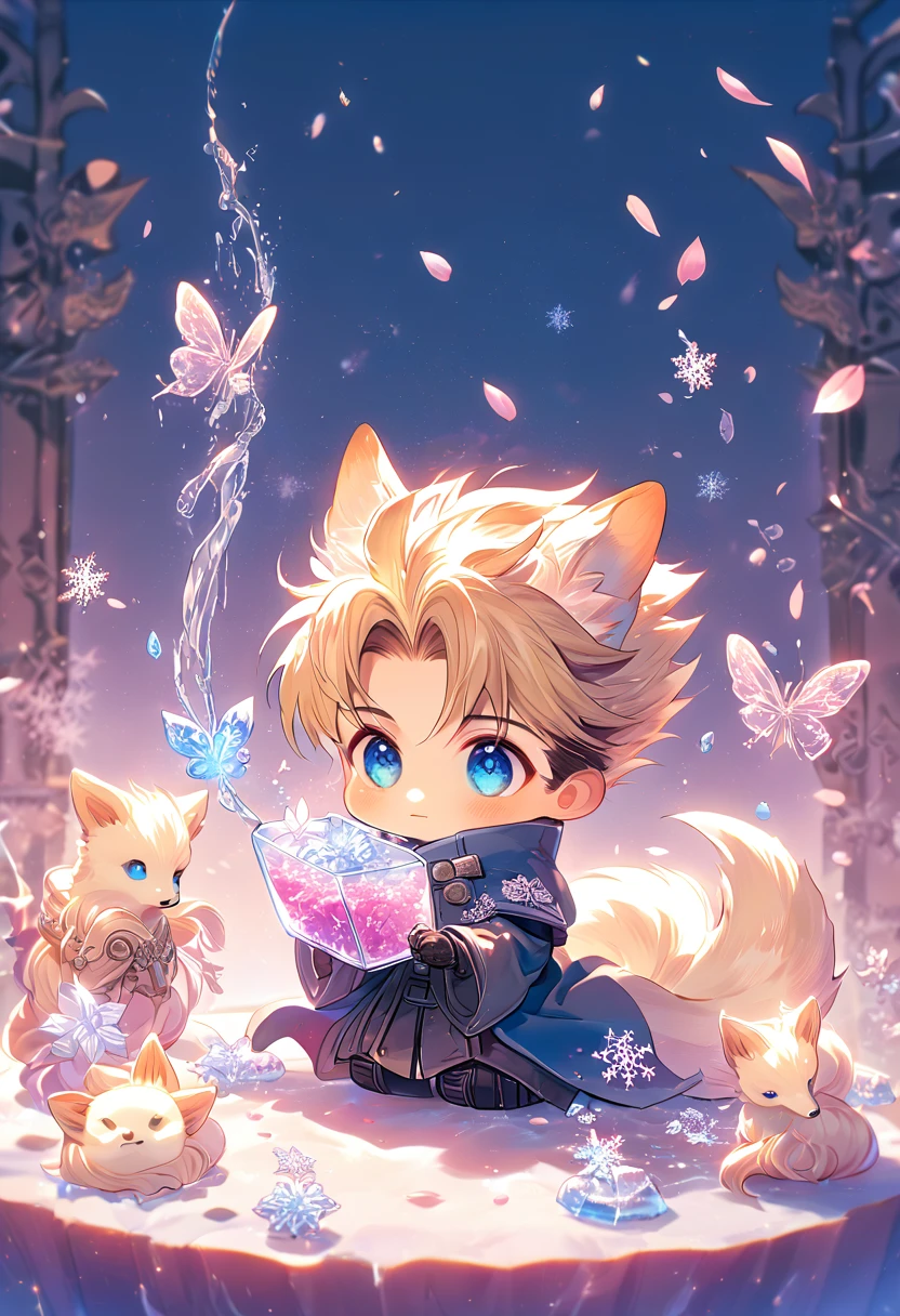 Ultra detailed, HDR, Highres, absurdres, master piece, Vash Stampede chibi, blond hair, expressive blue eyes, Trigun, white fox, Ninetales, expressive blue eyes, glass, ice glittering butterflies, ice, petals, pink ice glass flowers, cute, glittering, water, fantasy, magical, snowflakes, cold, small and cute,