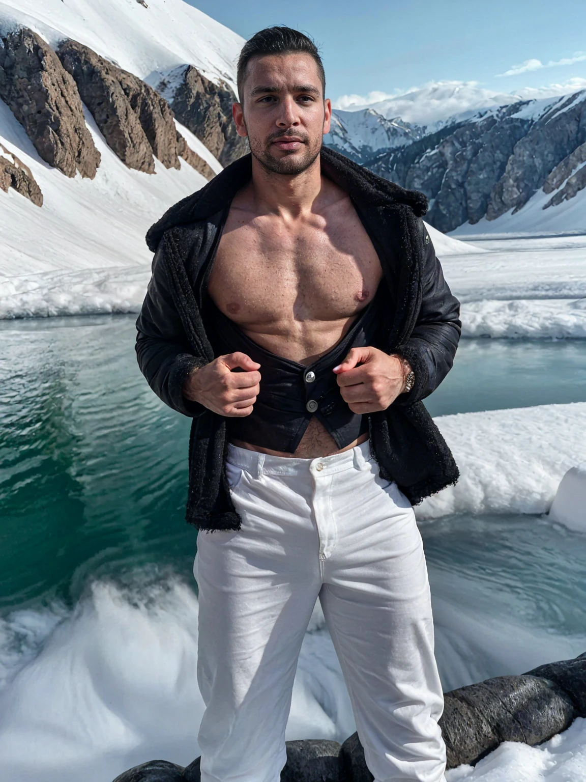 Real image of a handsome 30-year-old Turkish sportsman without a shirt, with a black fur coat, wearing white tailored pants posing sexy with one hand behind looking serious at the camera. a mountain stream behind, arid and snowy area. Landscape of Mendoza Argentina.