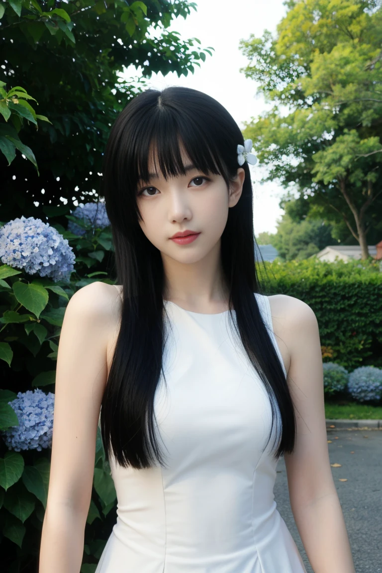 best quality, tmasterpiece,Ultra-high resolution,Clear face,（Reality：1.4），ferpect lighting，(upper body photo), (photorealistic:1.50), anime wallpaper, Guviz style artwork, cover-up fantasy up to magic , by Yang J, Guviz, beautiful artwork illustration, beautiful digital artwork, beautiful digital illustration, Li Song, beautiful anime portrait, art style in Beauvot, 1girl, 独奏, red eyes, hair flower, , serafuku, hydrangea, Garden, looking at viwer,