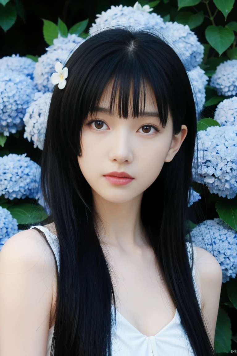 best quality, tmasterpiece,Ultra-high resolution,Clear face,(Reality:1.4),ferpect lighting,(upper body photo), (photorealistic:1.50), anime wallpaper, Guviz style artwork, cover-up fantasy up to magic , by Yang J, Guviz, beautiful artwork illustration, beautiful digital artwork, beautiful digital illustration, Li Song, beautiful anime portrait, art style in Beauvot, 1girl, 独奏, red eyes, hair flower, , serafuku, hydrangea, Garden, looking at viwer,
