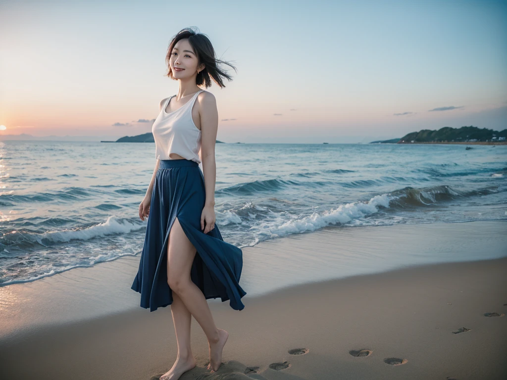 8K, blue, Beautiful 36-year-old short Korean woman, Chest size 34 inches, Wear sleeveless, light skirt. beautiful pretty woman look , wearing a light skirt , Short medium hair blowing in the wind, 1 short woman, beautiful eyes, I smile, Full-body photo taken from afar with a wide-angle lens, The background is clean and perfect., standing on a beautiful beach