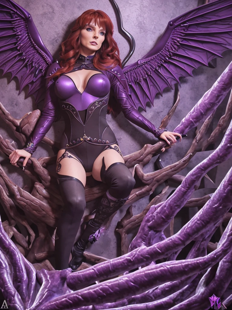 (Beverly Crusher, A succubus sorceress with evil tattoos, violet metallic small outfit, leathery bat wings, extra long fangs, violet energy aura) at the foot of viewers bed, (best quality,4k,8k,highres,masterpiece:1.2),ultra-detailed,(realistic,photorealistic,photo-realistic:1.37),highly detailed face,intricate details,cinematic lighting,dramatic shadows,extremely detailed and intricate tattoos,extremely detailed and realistic violet energy aura,extremely detailed and realistic leathery bat wings,extremely detailed and realistic violet metallic small outfit,horror,dark fantasy,dark magic,supernatural,dramatic