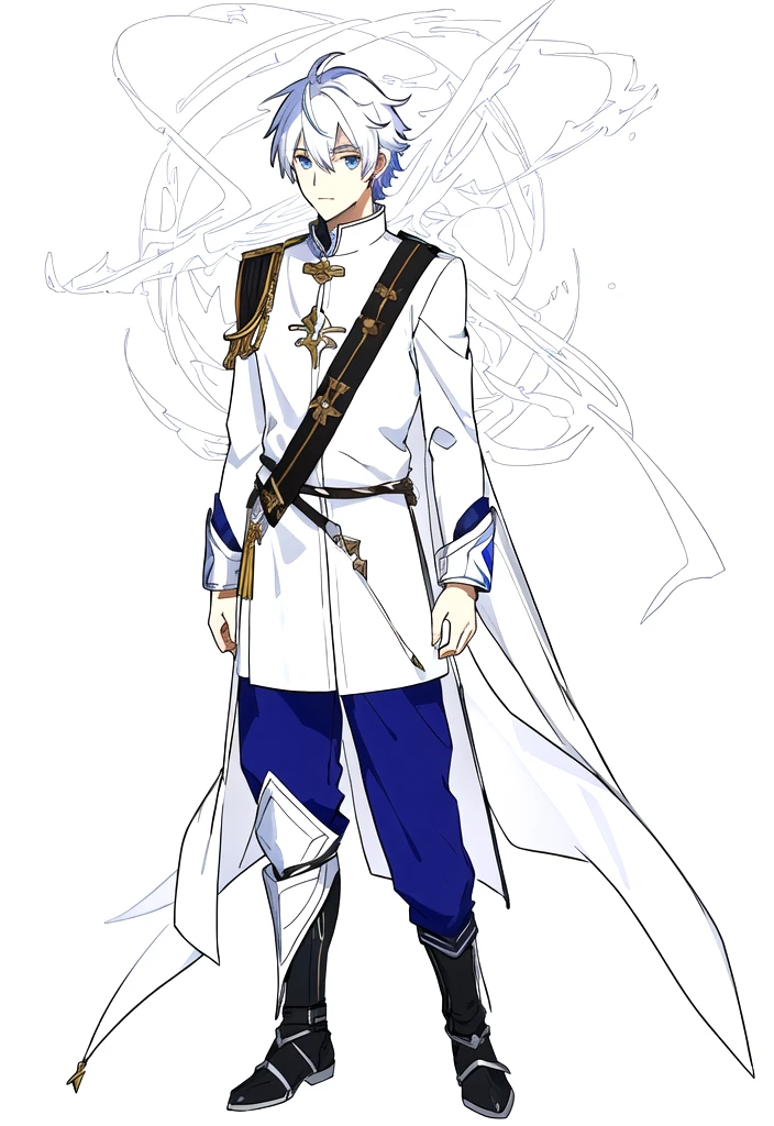 a drawing of a man in a white coat and blue pants, clear outfit design, character adoptable, as a dnd character, full body character, rpg portrait full body, skinny male fantasy alchemist, fullbody rpg portrait, inspired by Kamisaka Sekka, jrpg character, a human male paladin, full body character concept, thin young male alchemist