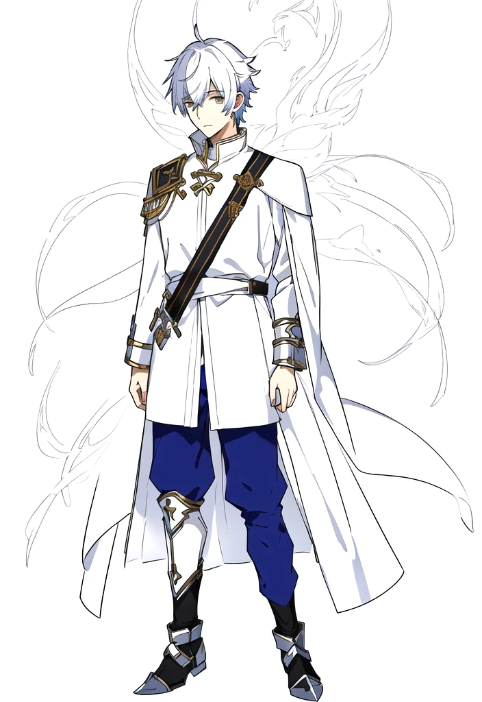 a drawing of a man in a white coat and blue pants, clear outfit design, character adoptable, as a dnd character, full body character, rpg portrait full body, skinny male fantasy alchemist, fullbody rpg portrait, inspired by Kamisaka Sekka, jrpg character, a human male paladin, full body character concept, thin young male alchemist