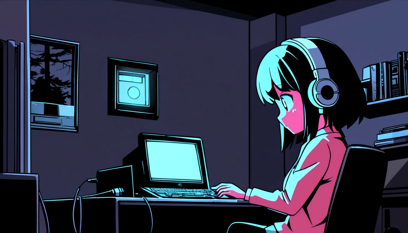 night、Girl listening to music in a cozy room, Use headphones, 2D Style Anime, Lo-Fi, hard disk, Dark Environment, Zoom in on her girl