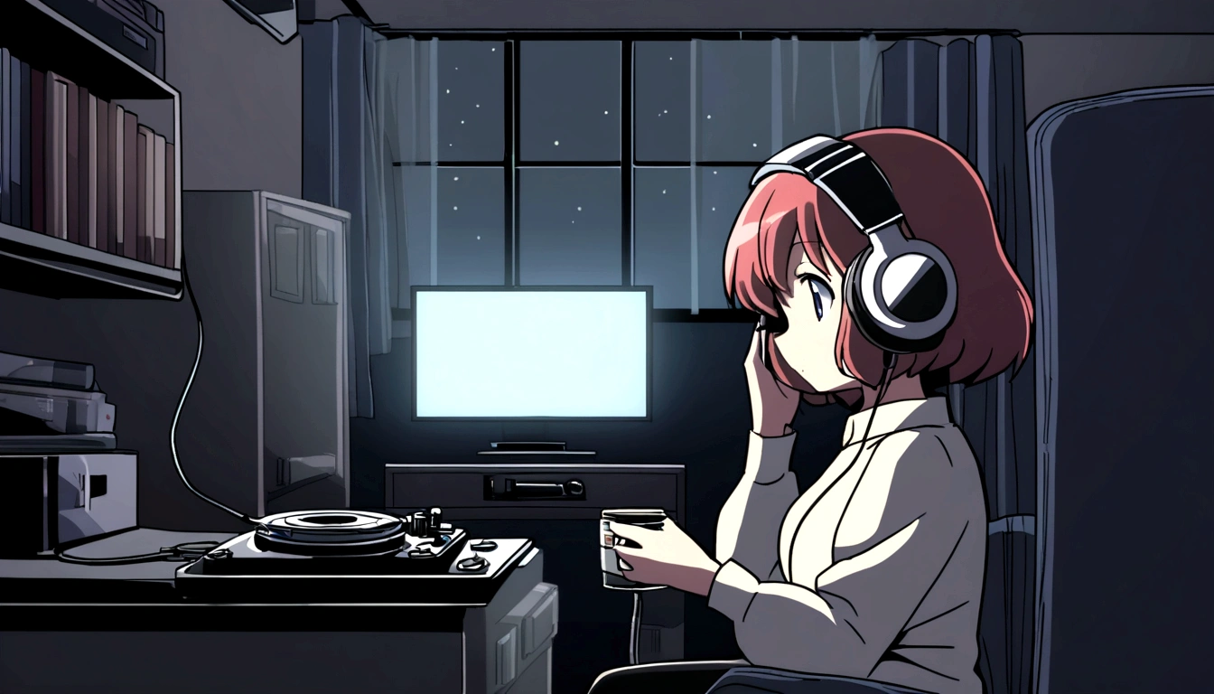 night、Girl listening to music in a cozy room, Use headphones, 2D Style Anime, Lo-Fi, hard disk, Dark Environment, Zoom in on her girl