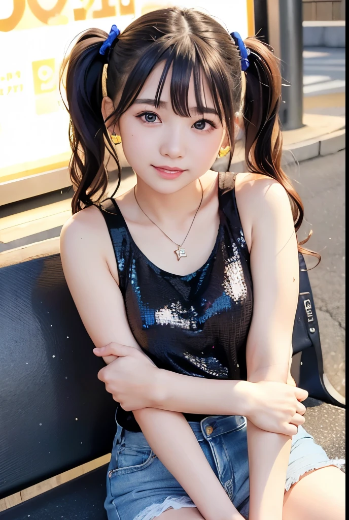 (Highest quality,masterpiece:1.3,Ultra-high resolution),(Very detailedな、Caustics) (Photorealistic:1.4, RAW shooting、)Ultra-Realistic Capture、Very detailed、Natural skin texture、masterpiece、(Sequin tank top and short denim pants:1.3)、1 Japanese girl、Adorable expression、Expressions of Happiness、14 years old、Young Face、Surprisingly cute、Twin tails、Curly Hair、Black Hair、Scrunchie、Earrings、necklace、light makeup、A big bust that seems to burst、This photo was taken on a busy street at night..、Shining thighs、Sit on a bench on the sidewalk、Shooting from the side、smile、An inviting gaze、