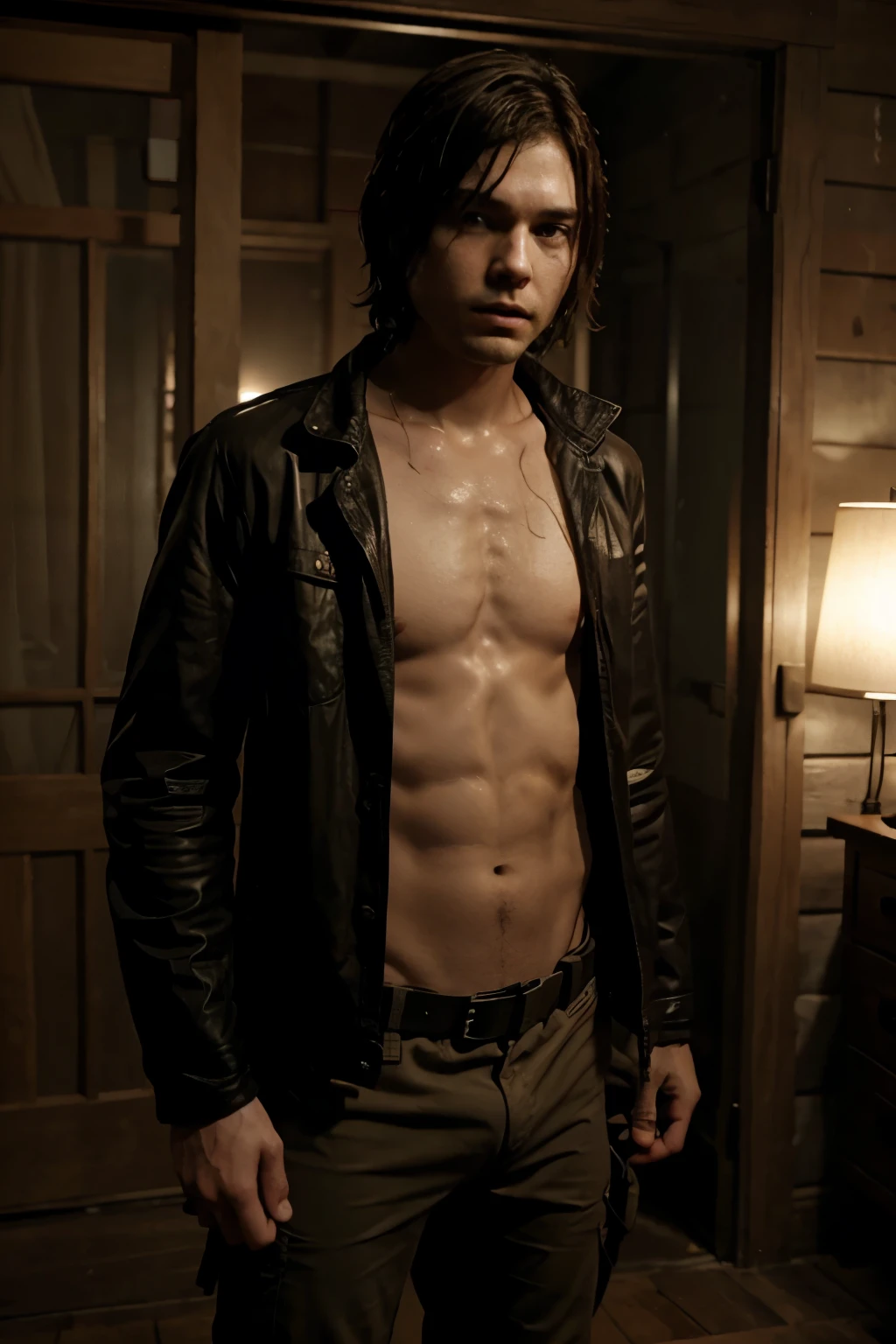 carl grimes de the walking dead en boxer sin camisa y bajo la lluvia 