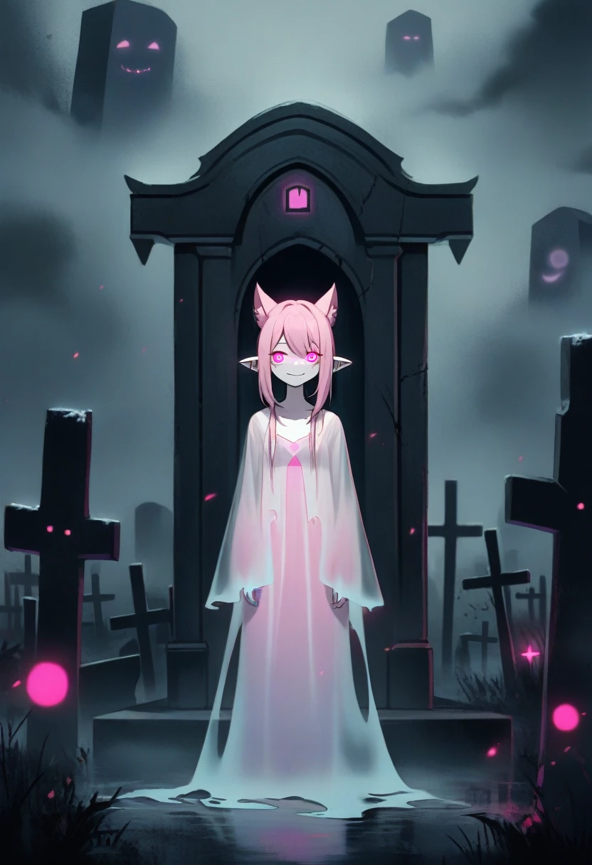 1girl, ghost, catgirl, large pointed ears, glowing eyes, pink eyes, mist, graveyard, translucent gown, flowing gown, eerie smile, unsettling smile, small ghost, ethereal, cartoon face, gravestones, fog, mysterious atmosphere, otherworldly, cold bluish light, spectral mood, eerie mood
