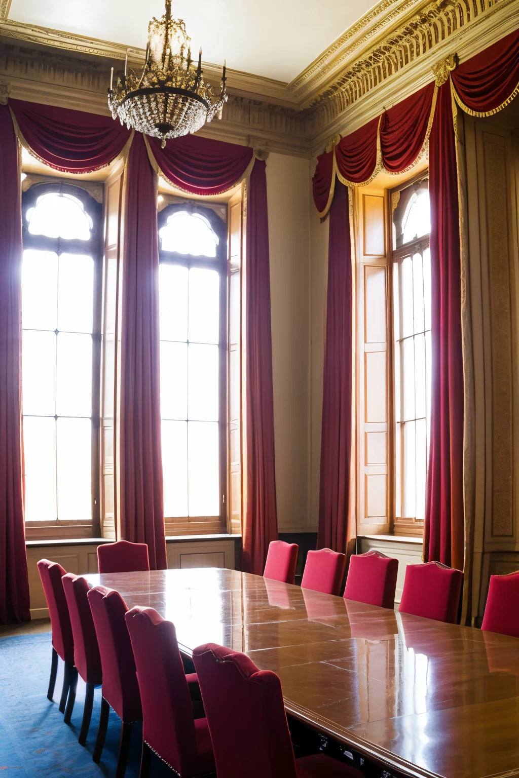 meeting room with large windows and red curtains of a palace