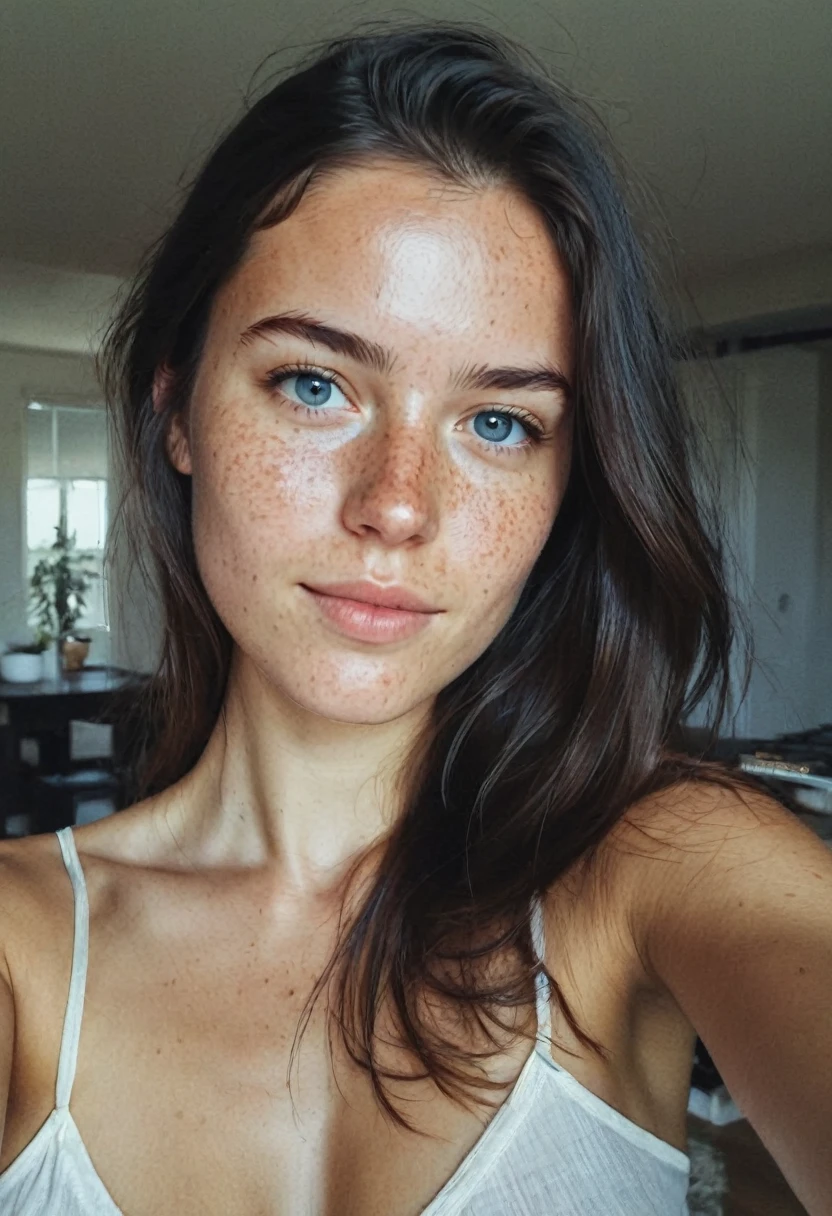 instagram selfie , a 23 year old gorgeous woman , slight smile , detailed skin face and eyes , natural lighting , at home , long hair, topless , film grain, low contrast, natural face , freckles , black hair , blue eyes, dark circles under eyes