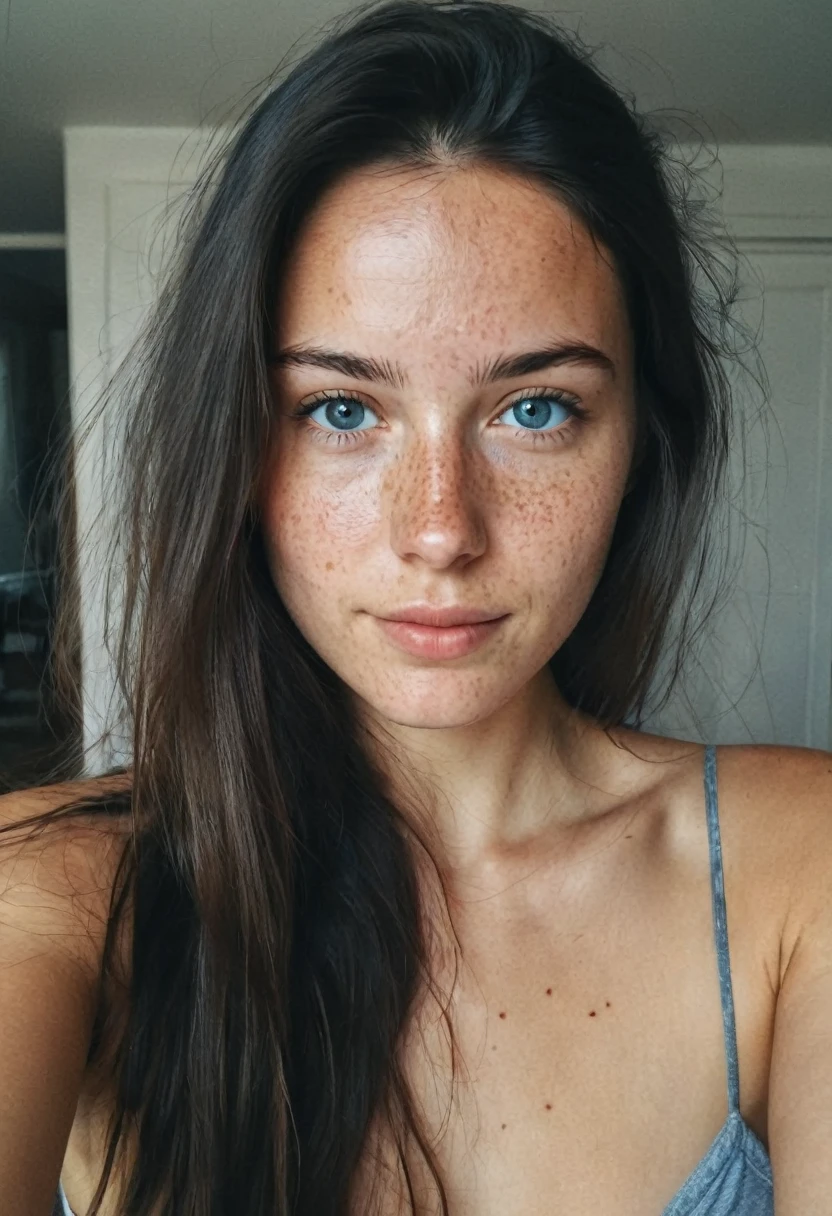 instagram selfie , a 23 year old gorgeous woman , slight smile , detailed skin face and eyes , natural lighting , at home , long hair, topless , film grain, low contrast, natural face , freckles , black hair , blue eyes, dark circles under eyes