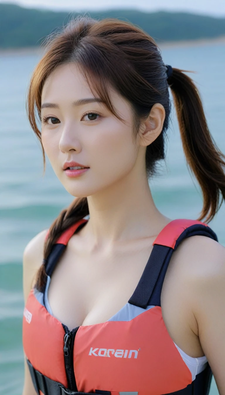 close-up of beautiful korean female, 34 inch breasts size, ponytail, wearing life jacket, at the sea, cinematic scene, UHD