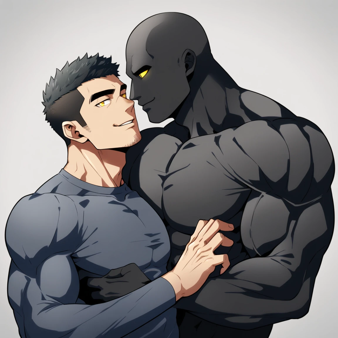 anime characters:Two superheroes in tights, Muscle Sports Student and Muscle No Face skinhead superhero, No Face,negro black skin, They hugged and kissed each other, Bite your neck, Caress, Manliness, male focus, Yellow and black high collar long sleeve tight T-shirt, Slightly transparent material, Very tight, Round, full and perky chest muscles, Muscle waist, Slightly transparent, muscular male, muscular, only, Upper body, alone, Black short hair, Thick eyebrows, stubble, Yellow eyes, Grey background, simple background, amazing quality, best aesthetics, Ridiculous, bright pupils, crew cut, parted lips, seductive smile, torogao, naughty face, drop shadow, best quality