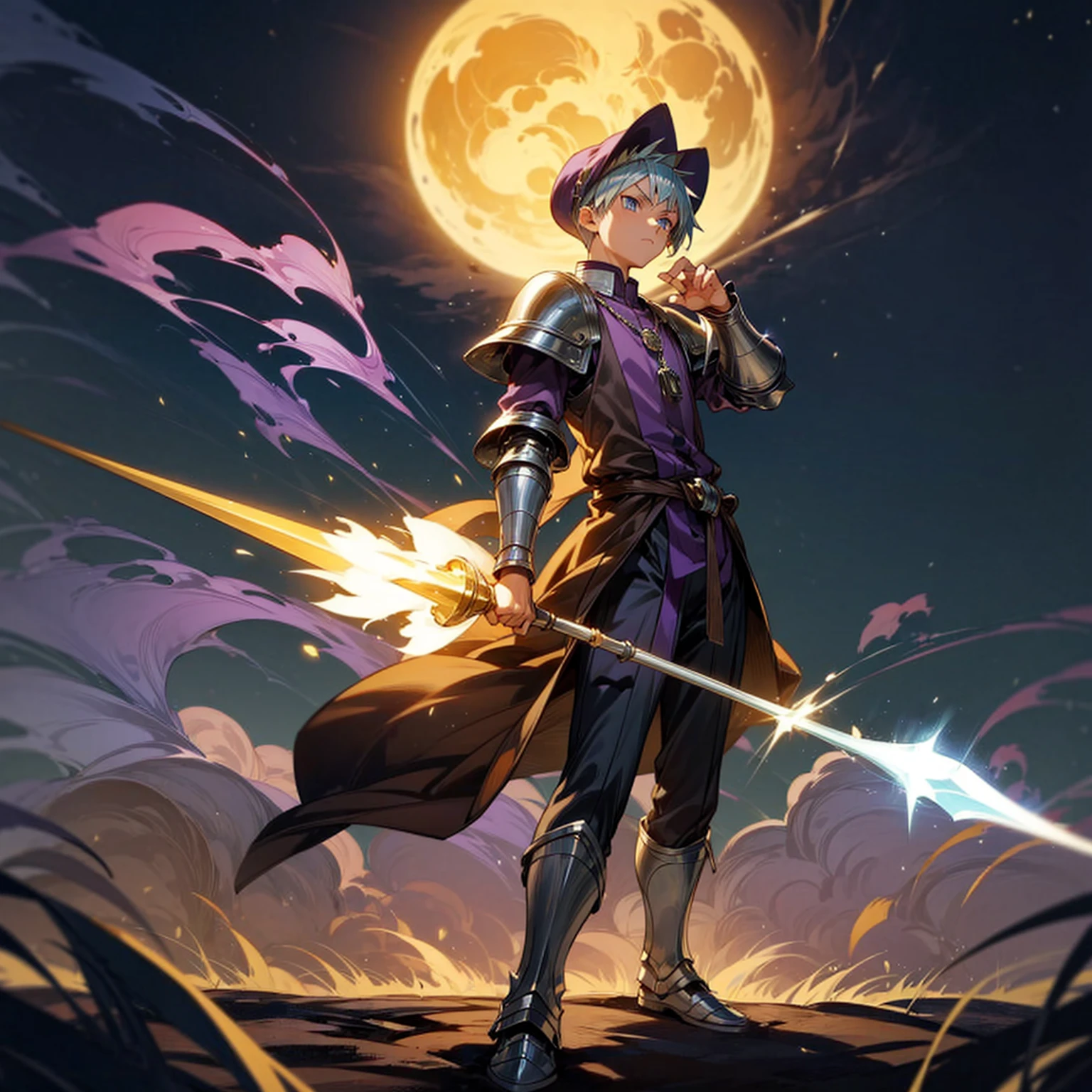 1boy, Full body version, 1character, blue eyes color, sad eyes, eyeliner, tan skin, classic fade haircut, almond eyes type, brown colour hair, medieval clothing style, breton hat, armor body, purple color clothing, silver necklaces, gold armor on hand, gold spear in hand, Grassroots background in field town, motion blur, plasma, fire, in night, moon, lighting fire, lighting moon, battle gesture, lighting Spear, plasma effect, lighting effect, smoke, standing gesture, (Hunter x Hunter style art)