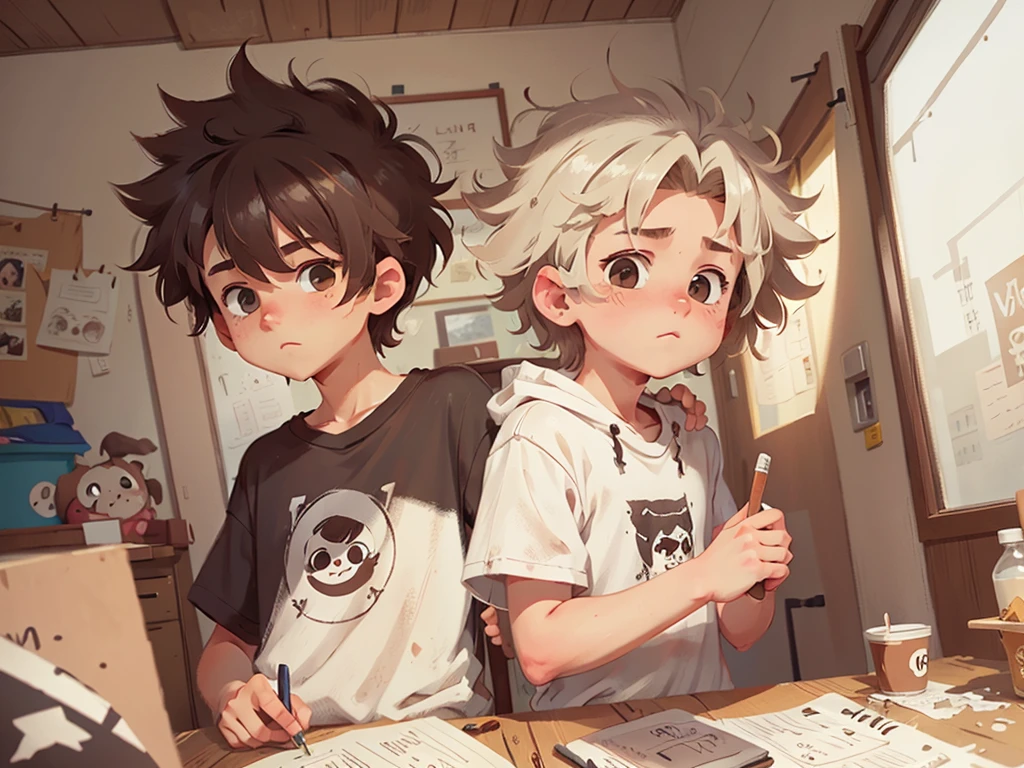 A white boy, Messy hair, fluffly, Youngh, stylish, 14歳, eyes browns, 